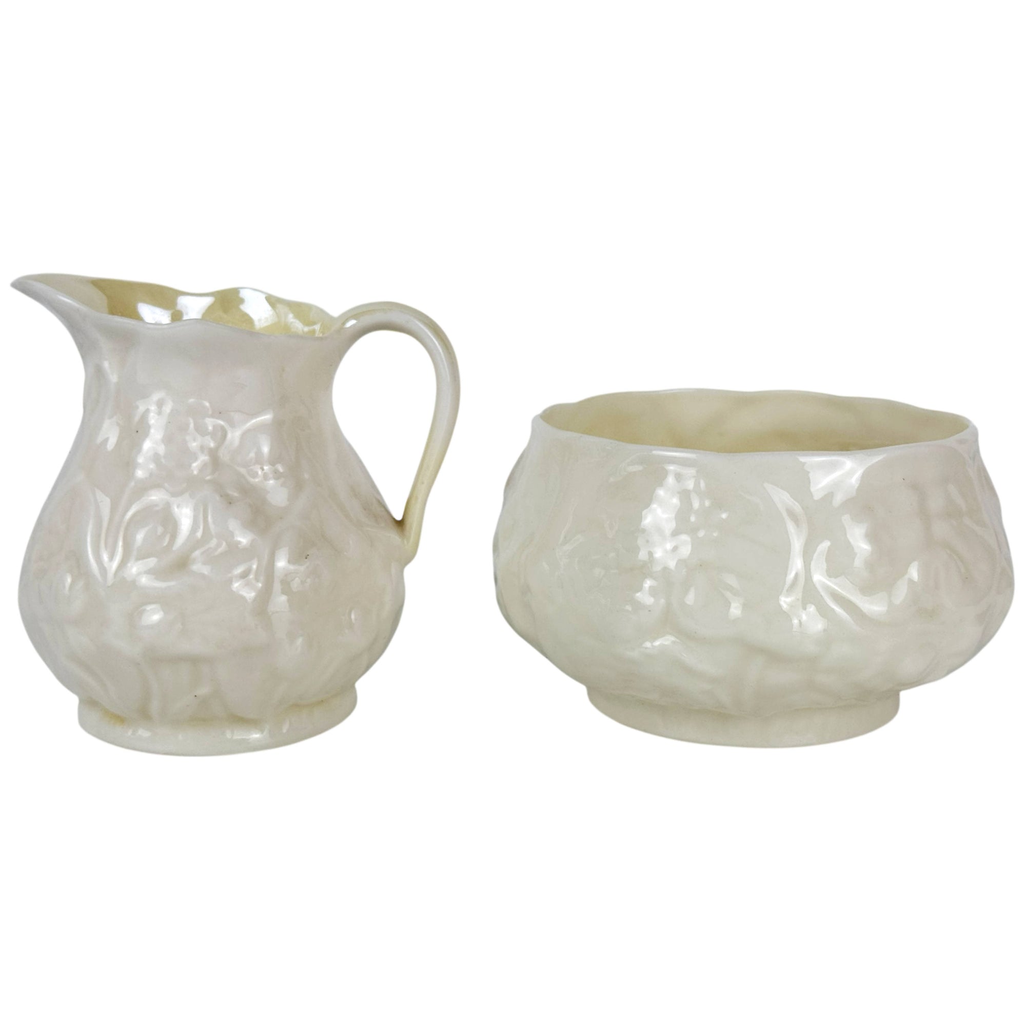 Antique Belleek Lotus Creamer and Sugar Bowl Set 3rd Black Mark