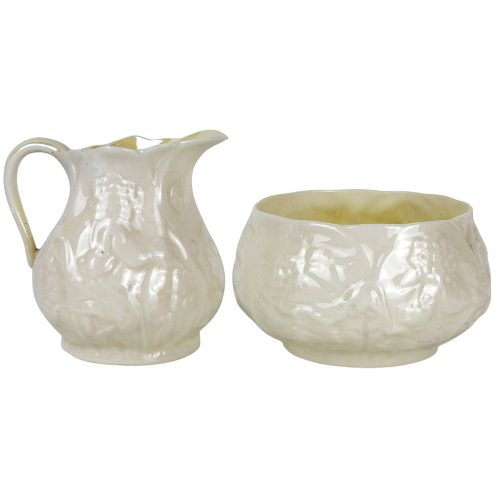 Antique Belleek Ireland Lotus Pattern Creamer and Sugar Bowl Set 3rd Black Mark