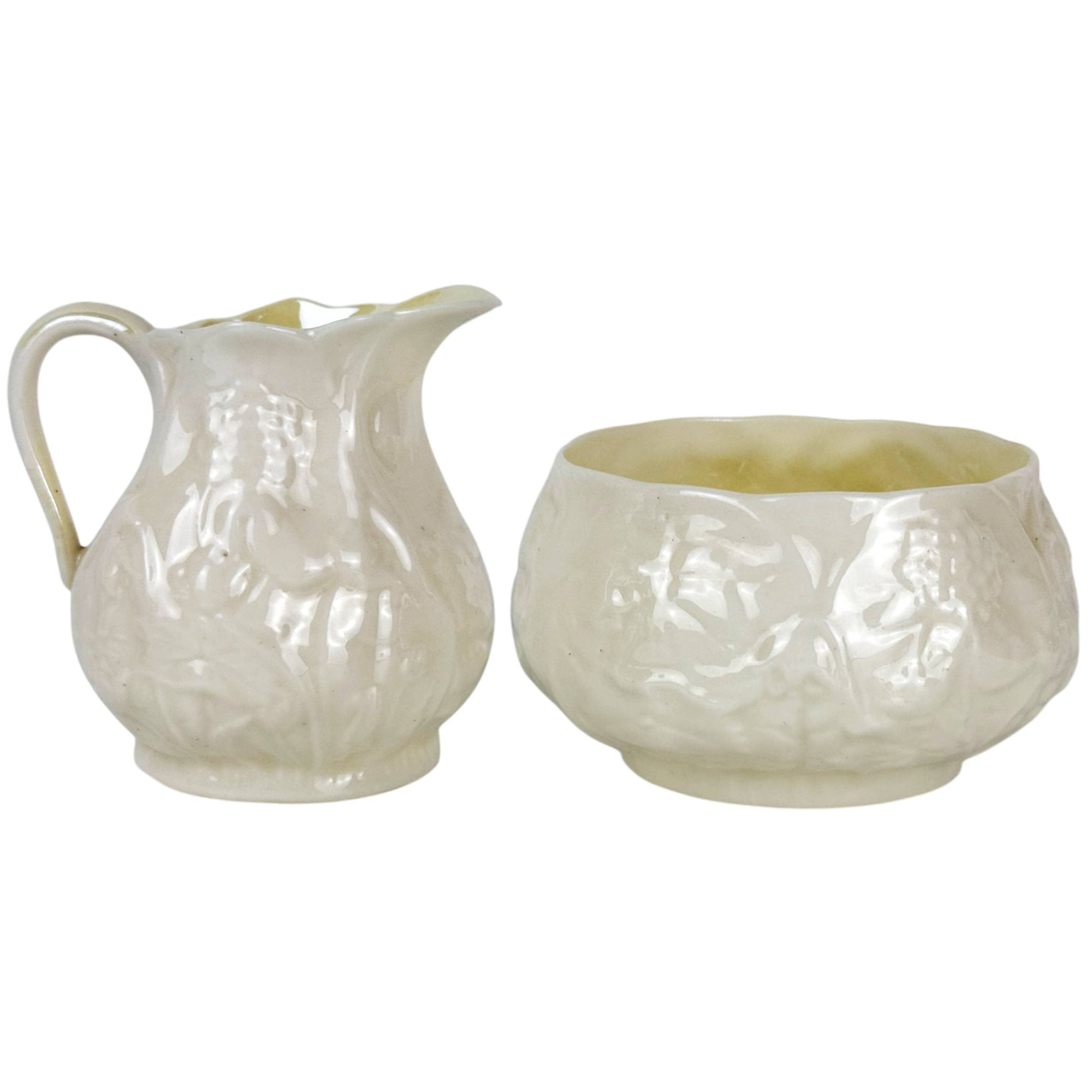 Antique Belleek Ireland Lotus Pattern Creamer and Sugar Bowl Set 3rd Black Mark