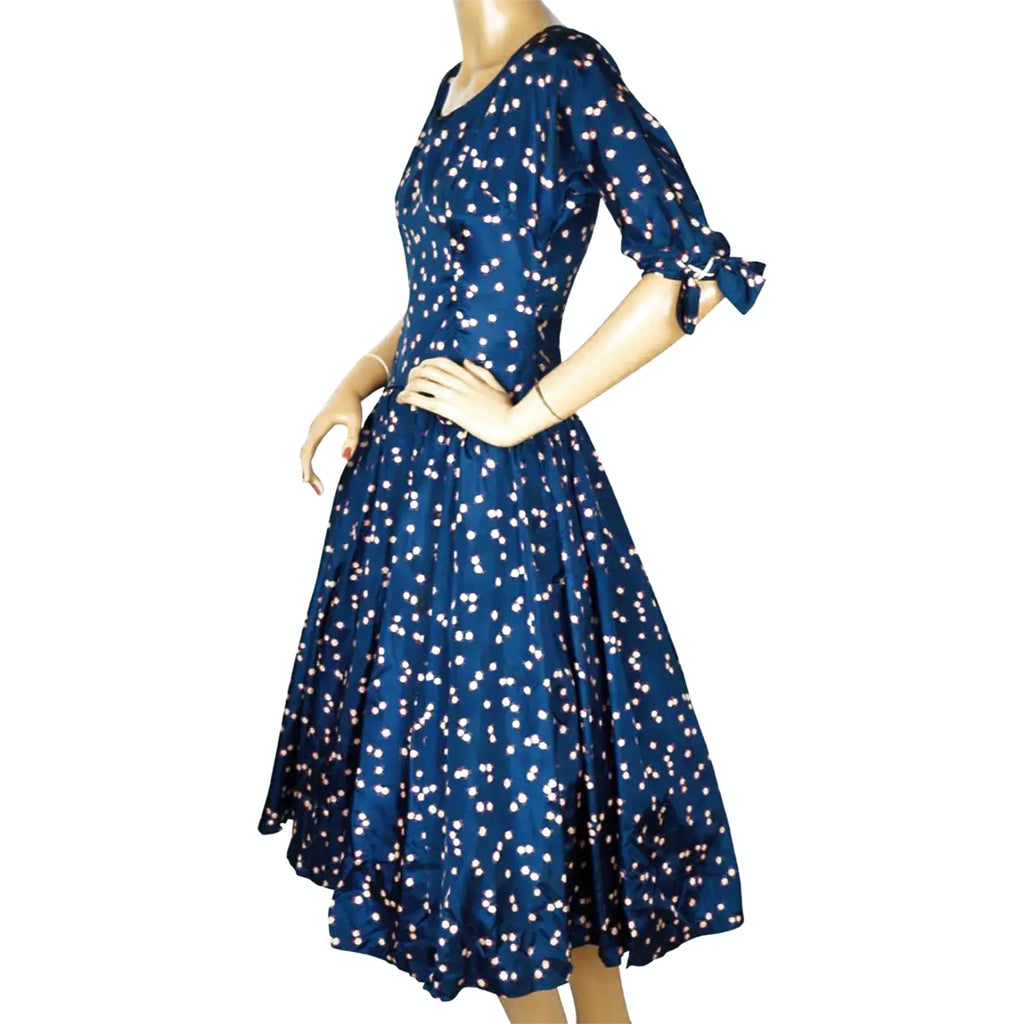 Vintage 1950s Dress Blue Silk Taffeta w Floral Print Size S