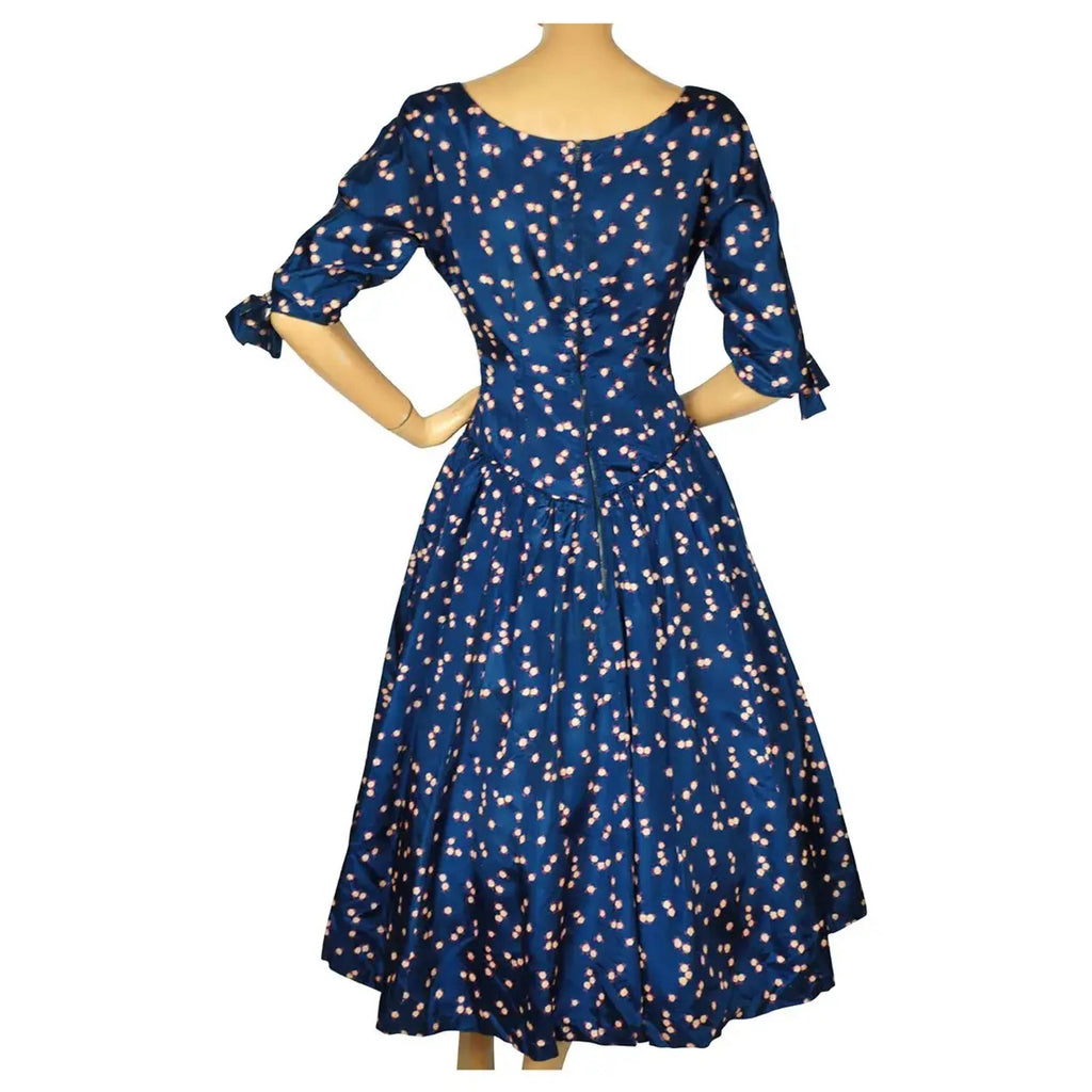 Vintage 1950s Dress Blue Silk Taffeta w Floral Print Size S