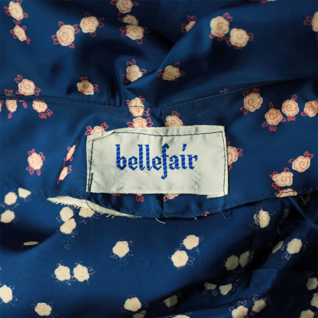 Vintage 1950s Dress Blue Silk Taffeta w Floral Print Size S