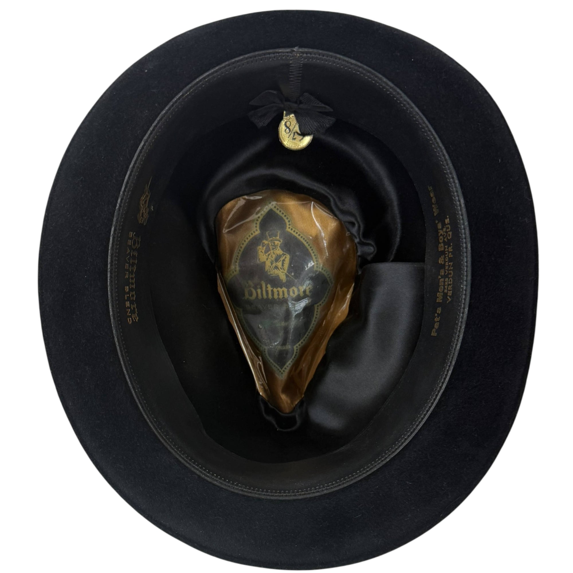 Interior of vintage Biltmore hat showing lining and tip
