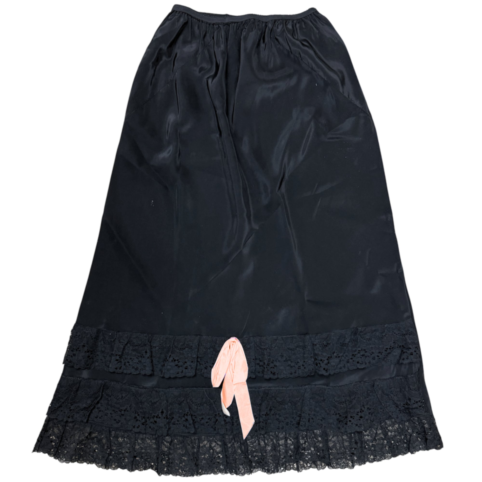 Vintage 1940s Black Taffeta Half Slip with Lace Trim & Pink Satin Bow Size M