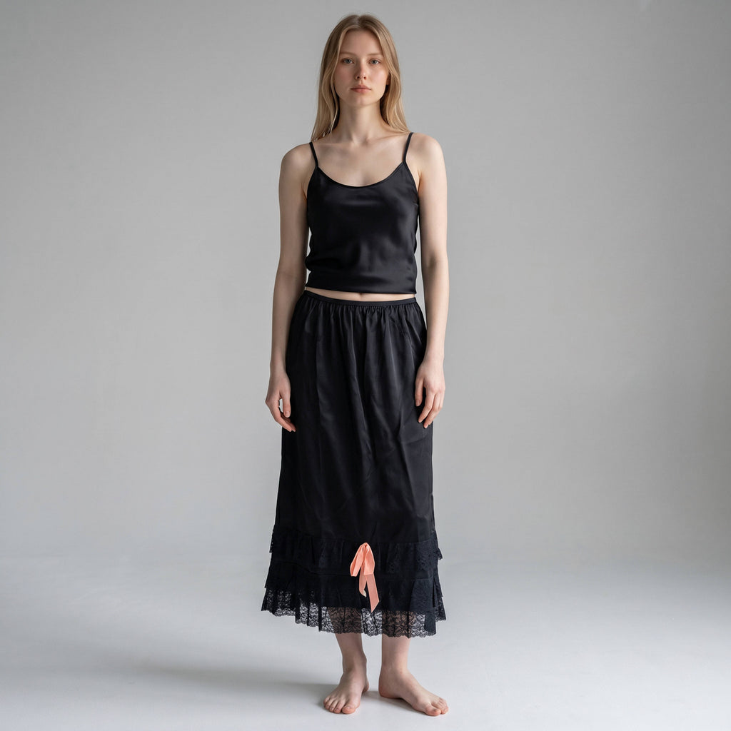 AI model wearing vintage 1940s Black Taffeta Half Slip with Lace Trim & Pink Satin Bow 