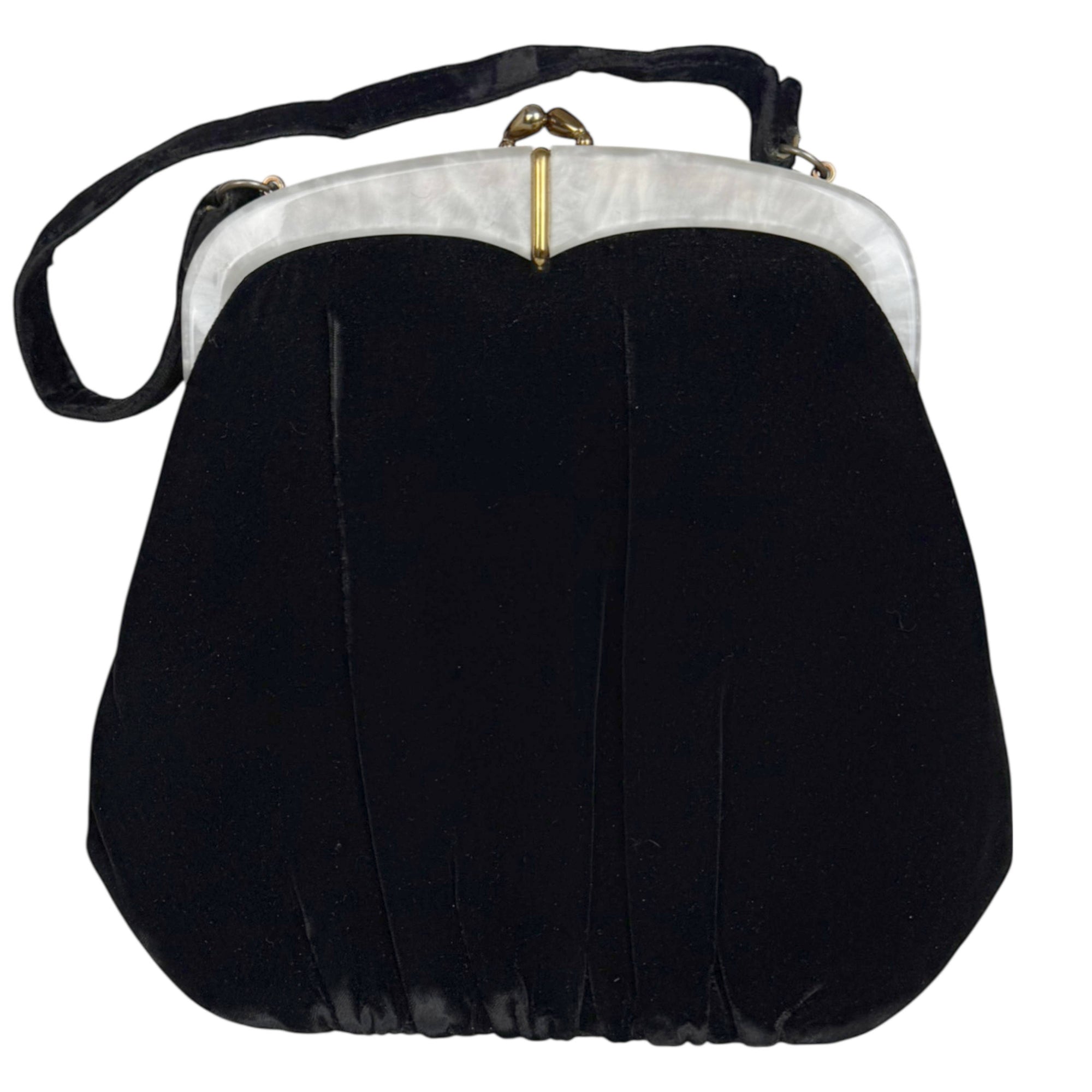 Vintage Late 1950s Handbag Black Velvet with Pearlescent Lucite Frame