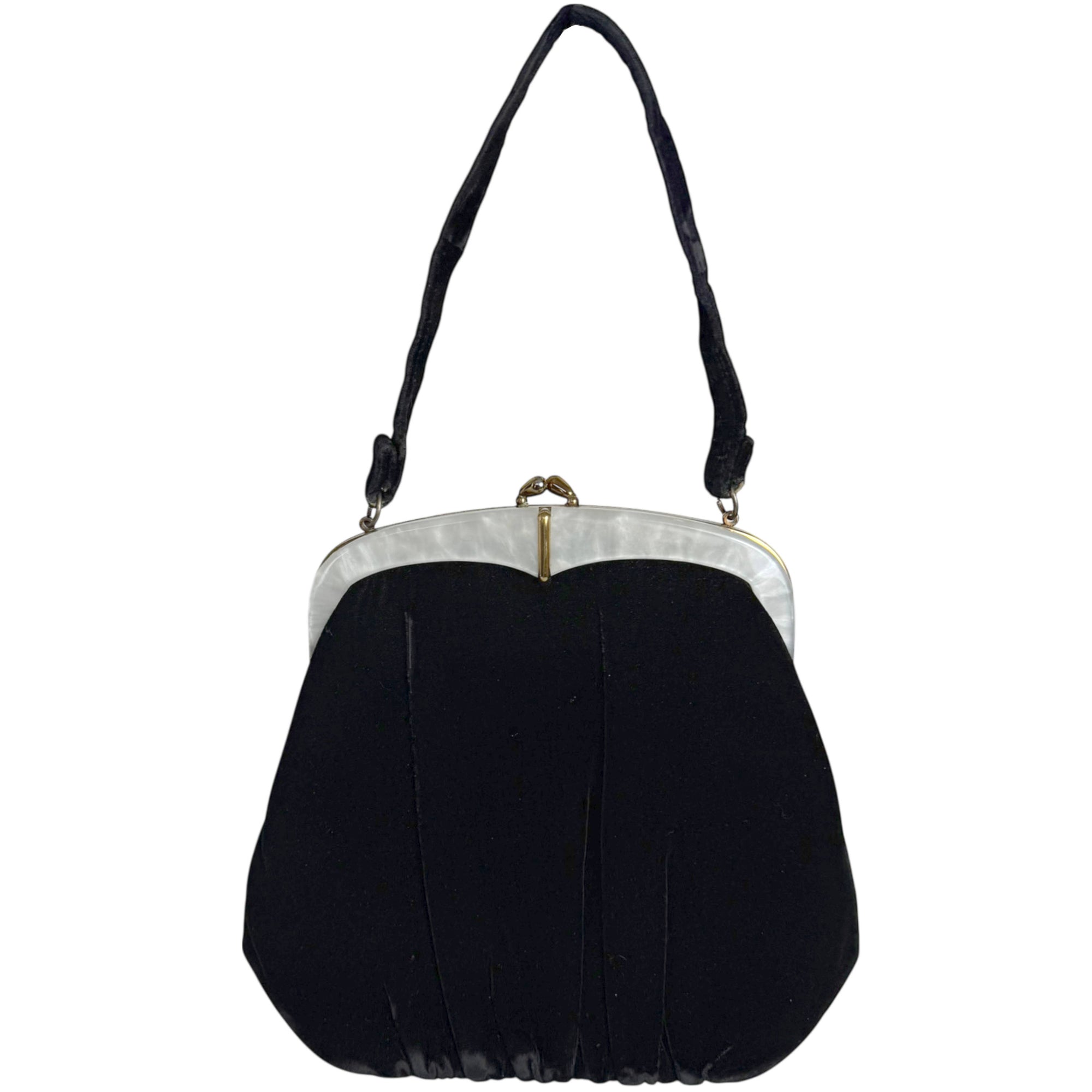 Vintage Late 1950s Handbag Black Velvet with Pearlescent Lucite Frame