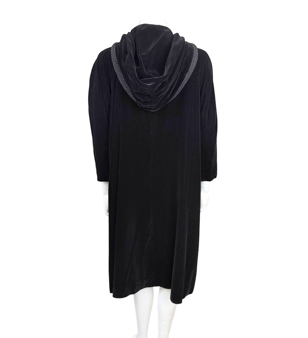 Vintage 1960s Black Velvet Hooded Coat – 3/4 Sleeves Fully Lined Size M