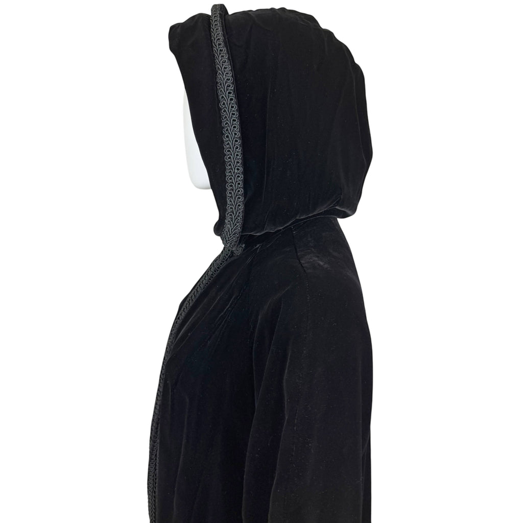 Vintage 1960s Black Velvet Hooded Coat – 3/4 Sleeves Fully Lined Size M