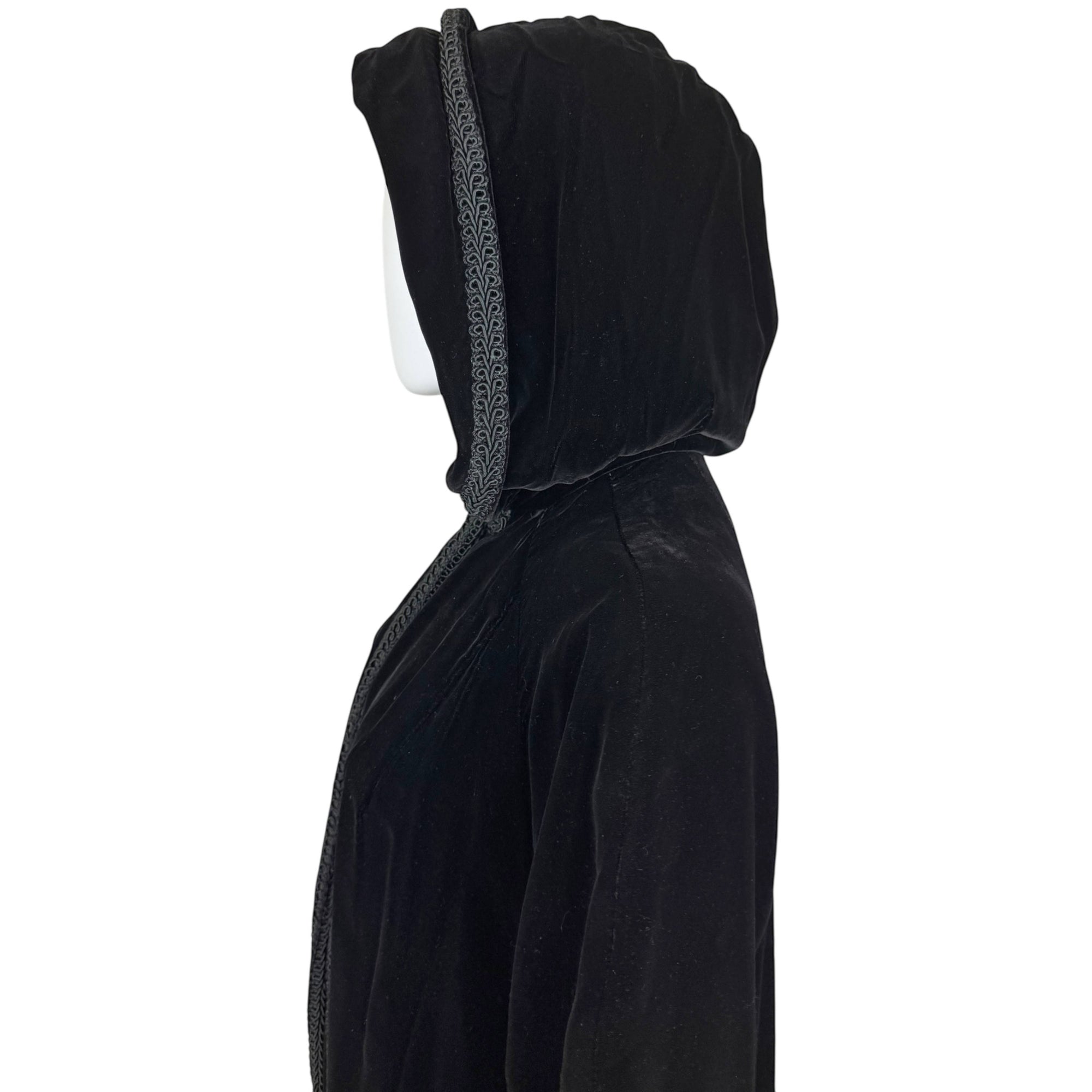 Vintage 1960s Black Velvet Hooded Coat – 3/4 Sleeves Fully Lined Size M