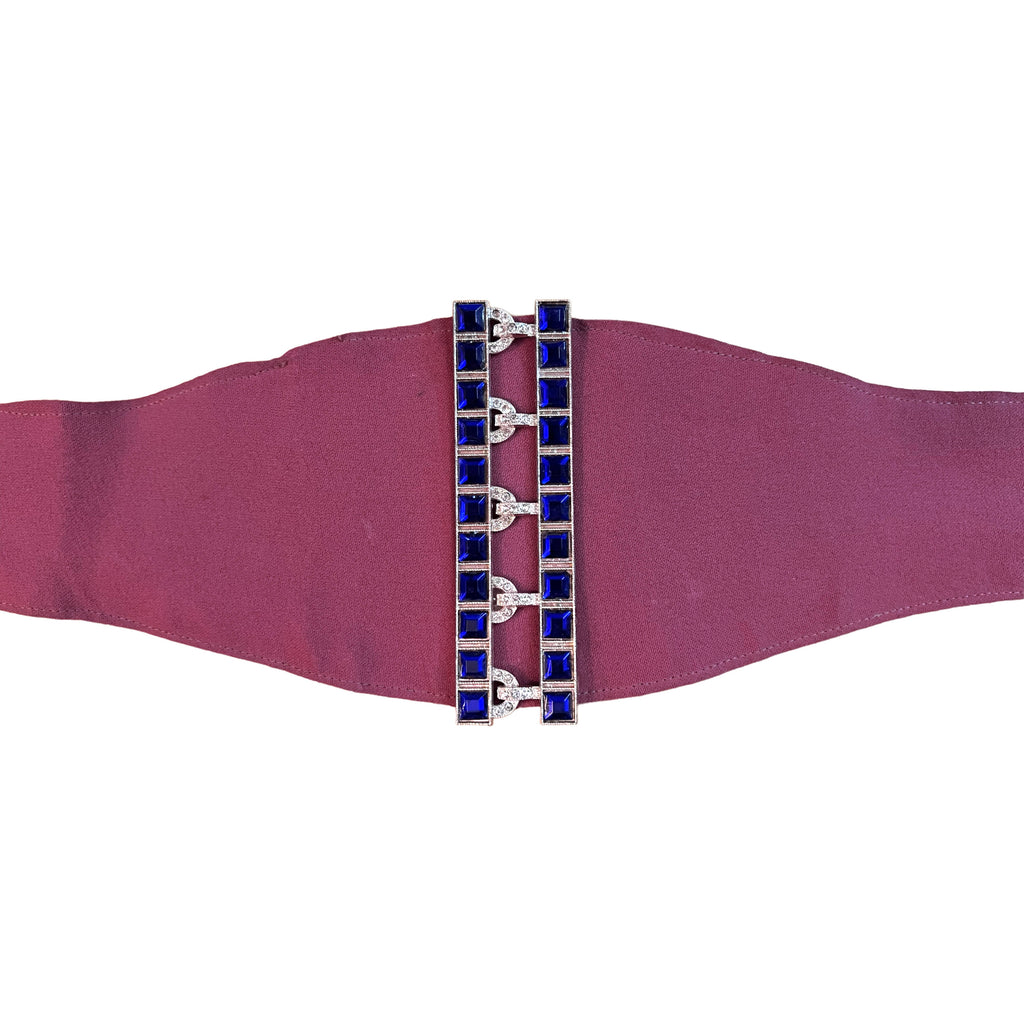 Art Deco Belt Buckle Blue Rhinestone on Purple Cloth 30s 40s