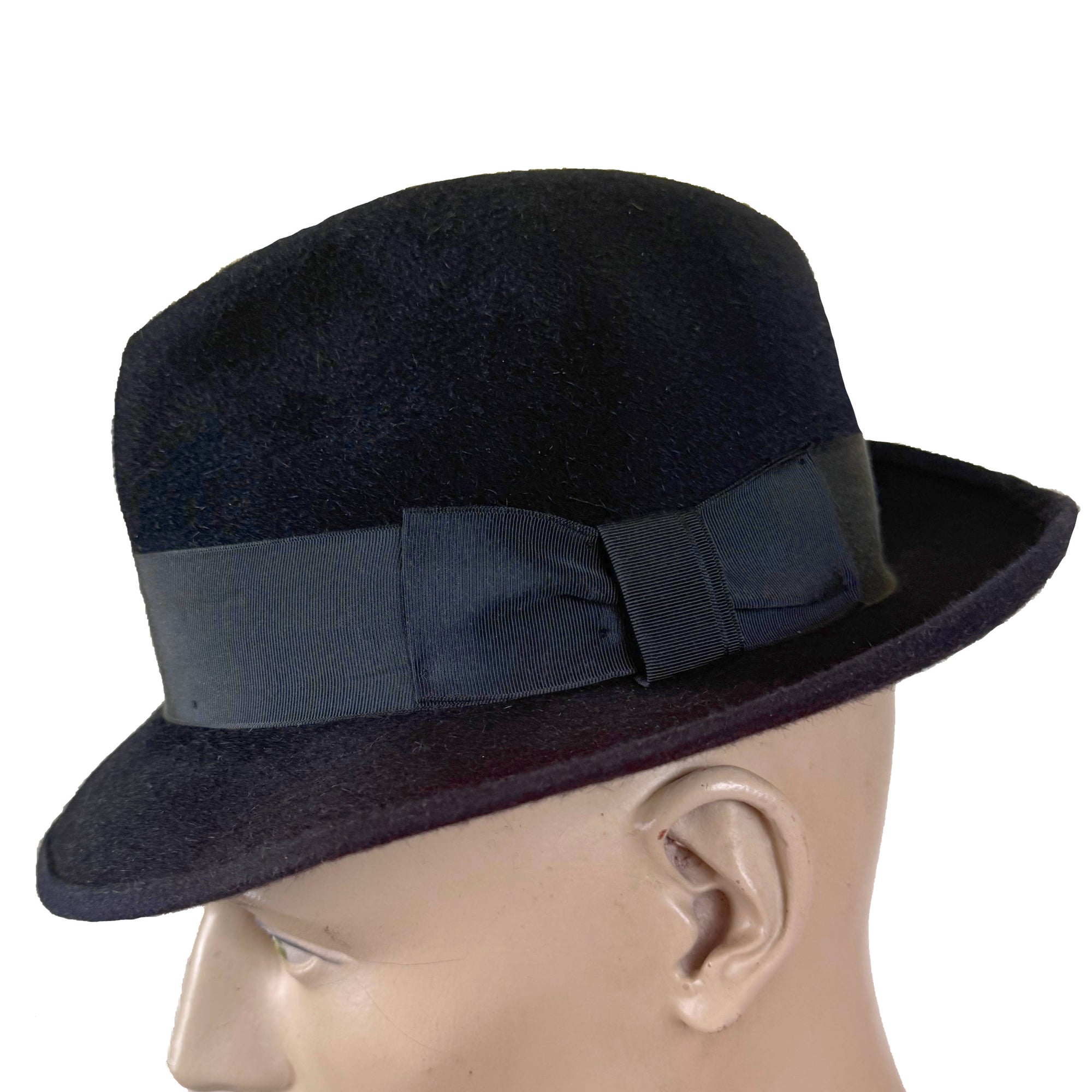 1960s Bobby Lee Royal navy fedora hat side profile showing 2 inch brim and ribbon bow detail
