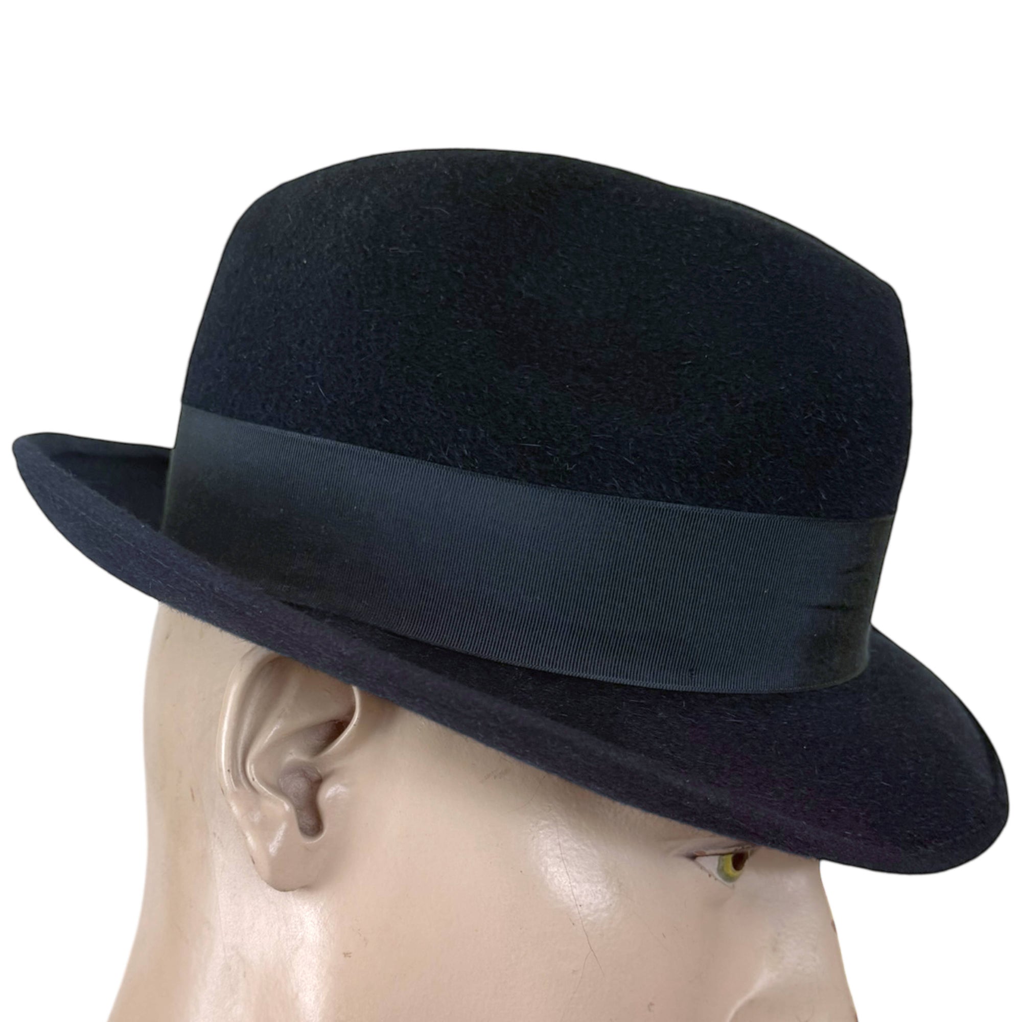 Vintage navy fur felt fedora by Magill Montreal right side view with structured crown