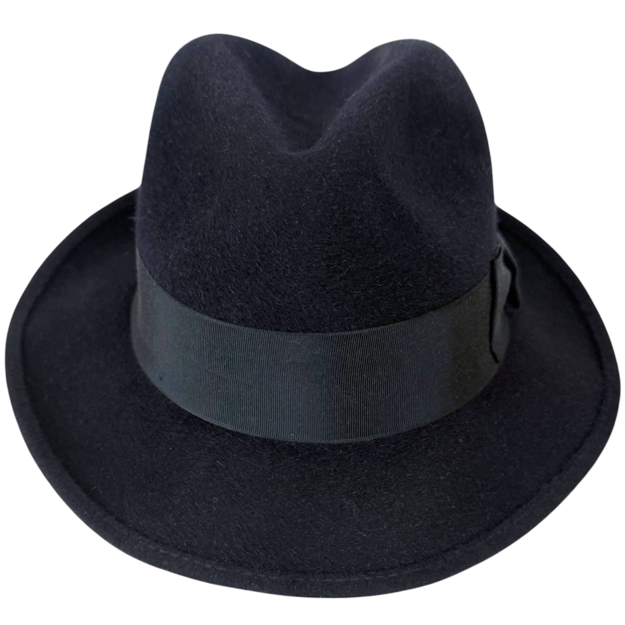 Vintage 1960s navy fur felt fedora hat by Bobby Lee Royal with grosgrain ribbon band, front view
