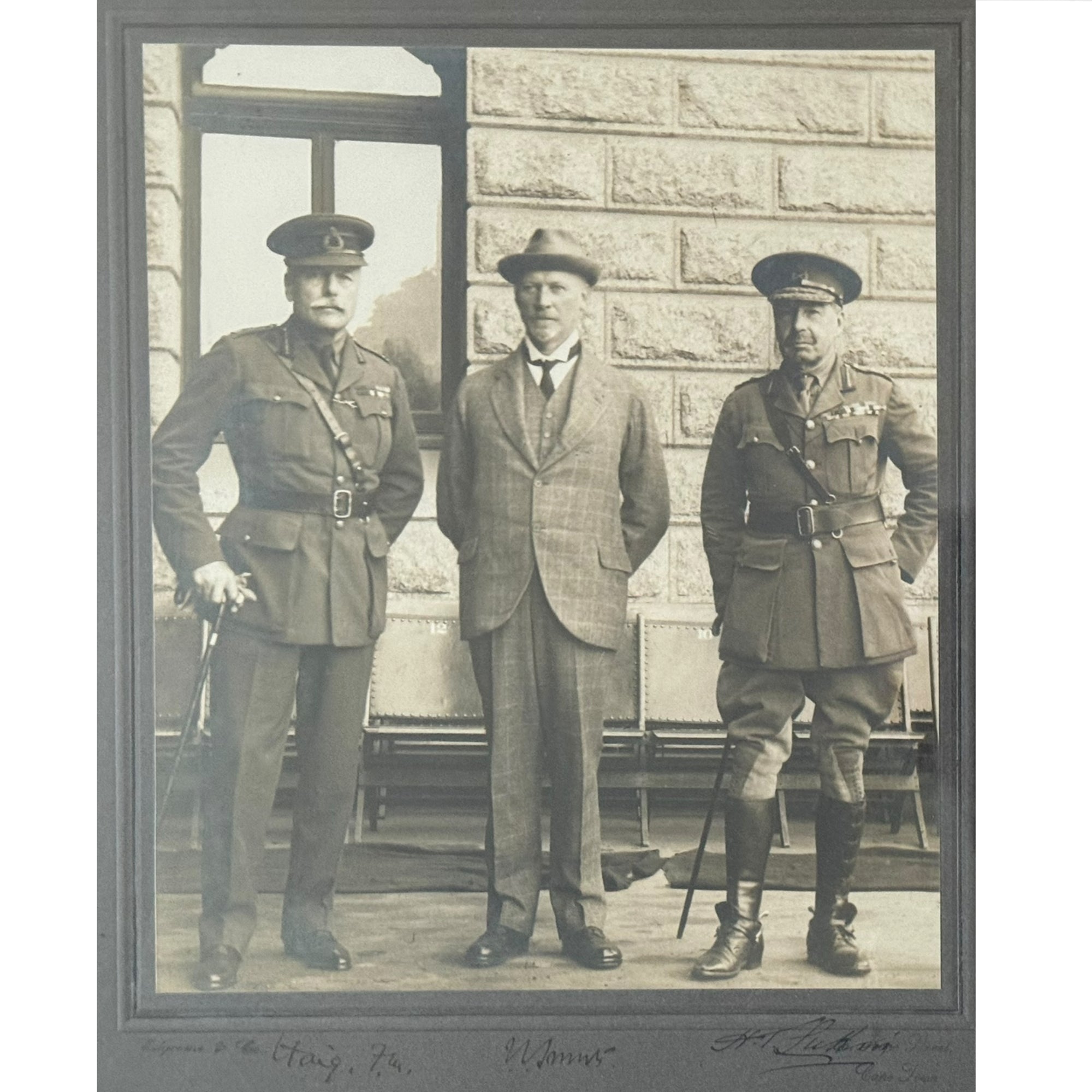 Close up of Signed photograph of Douglas Haig Jan Smuts and H T Lukin in frame