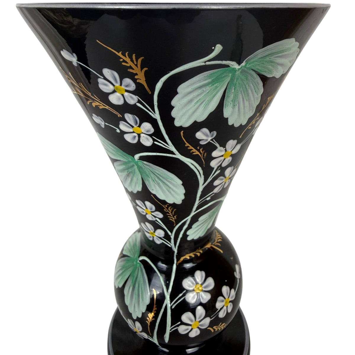 Victorian Bohemian black amethyst glass vase with floral enamel decoration
