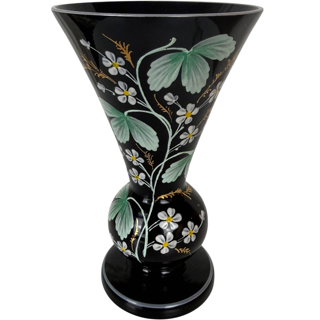 Antique Bohemian black amethyst cased glass vase hand enamelled flowers c. 1880