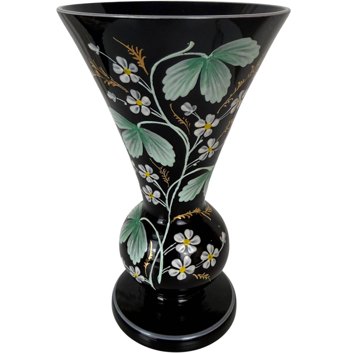 Antique Bohemian black amethyst cased glass vase hand enamelled flowers c. 1880