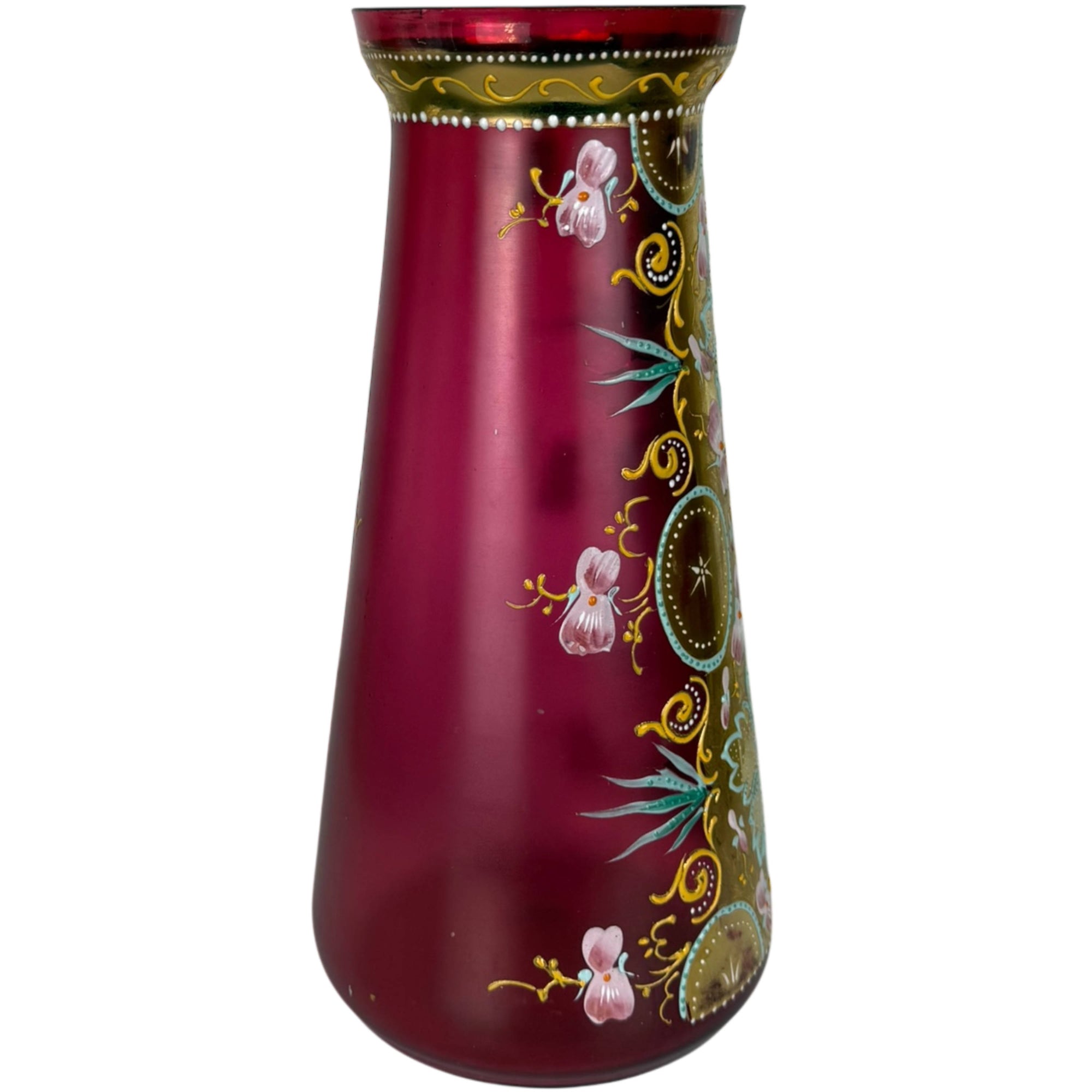 Antique Bohemian Art Glass Vase Cranberry with Gilt & Enamel Decoration c. 1885–1905