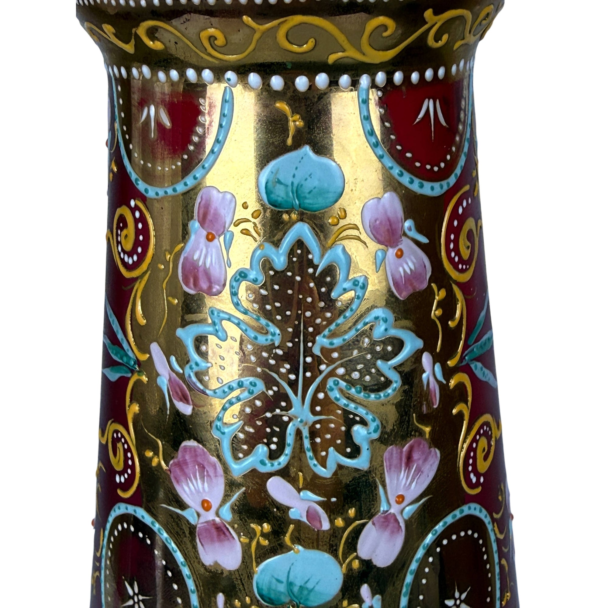 Antique Bohemian Art Glass Vase Cranberry with Gilt & Enamel Decoration c. 1885–1905