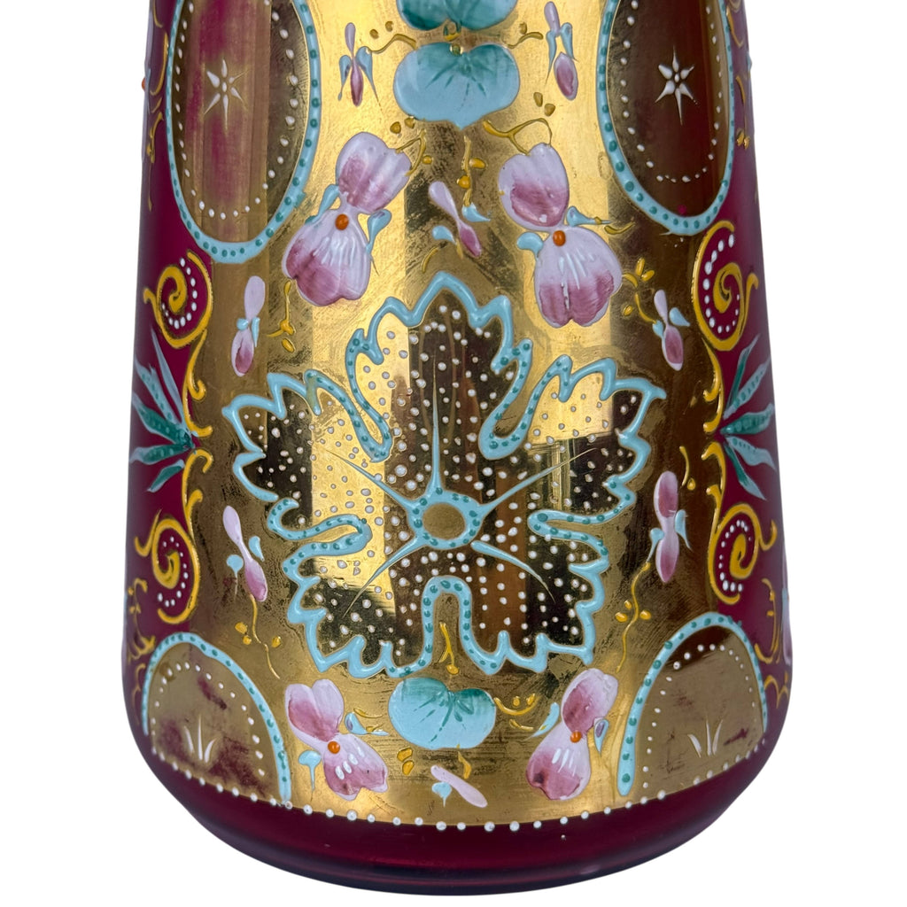 Antique Bohemian Art Glass Vase Cranberry with Gilt & Enamel Decoration c. 1885–1905