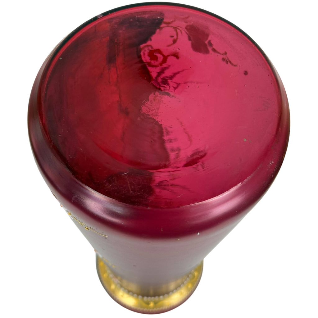 Antique Bohemian Art Glass Vase Cranberry with Gilt & Enamel Decoration c. 1885–1905