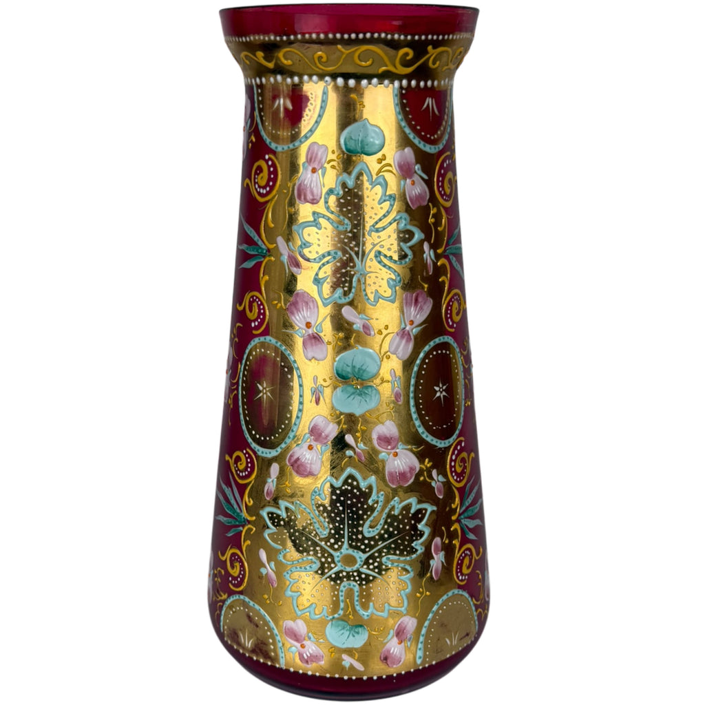 Antique Bohemian Art Glass Vase Cranberry with Gilt & Enamel Decoration c. 1885–1905