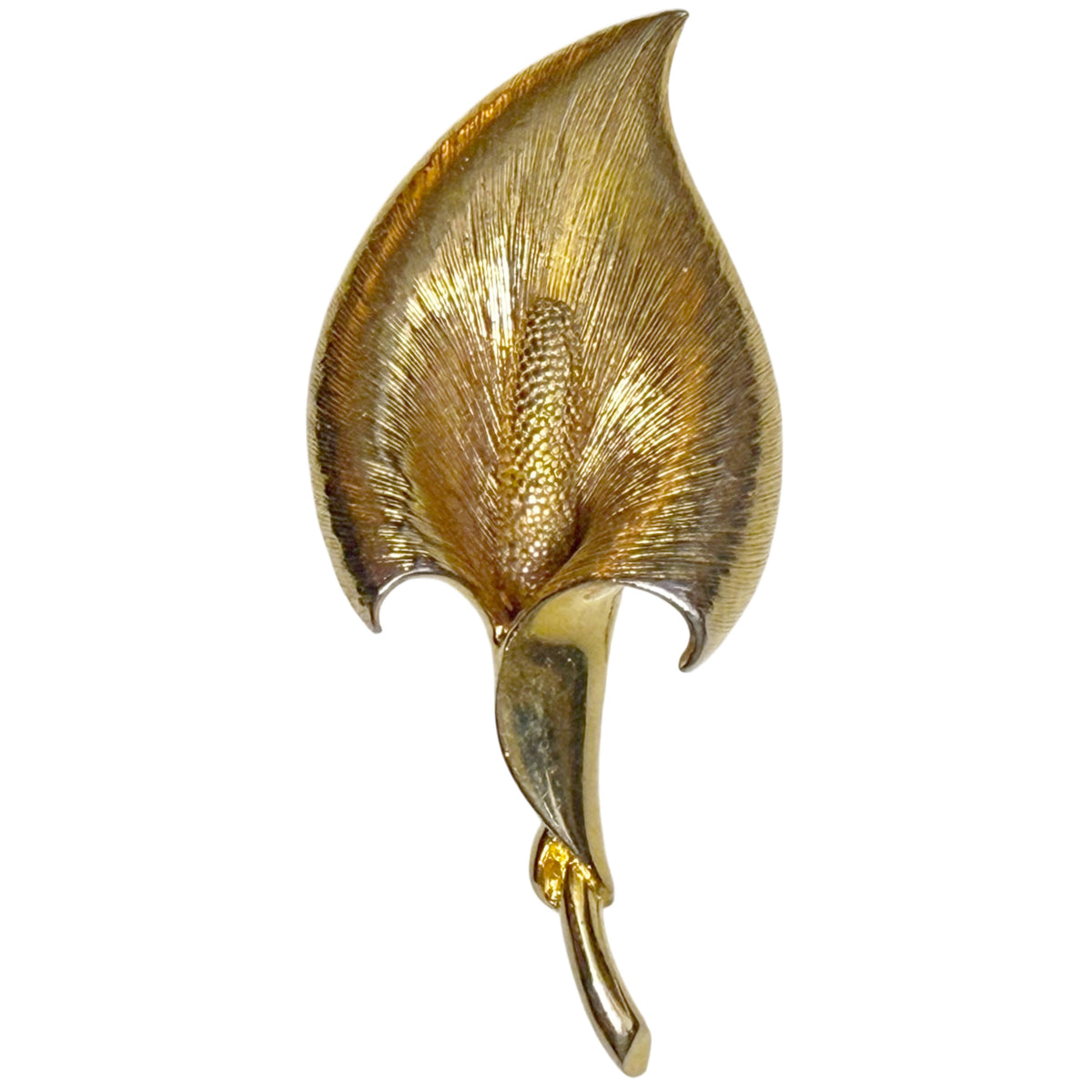 Vintage 1950s Marcel Boucher gold-plated calla lily brooch with sculptural flower and curved stem