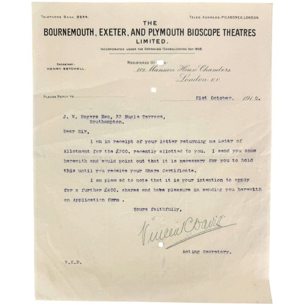 Original 1910 Bournemouth Exeter and Plymouth Bioscope Theatres letter