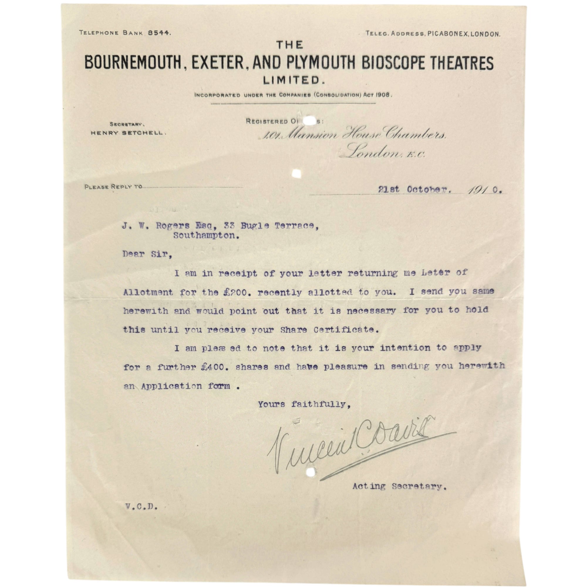 Original 1910 Bournemouth Exeter and Plymouth Bioscope Theatres letter