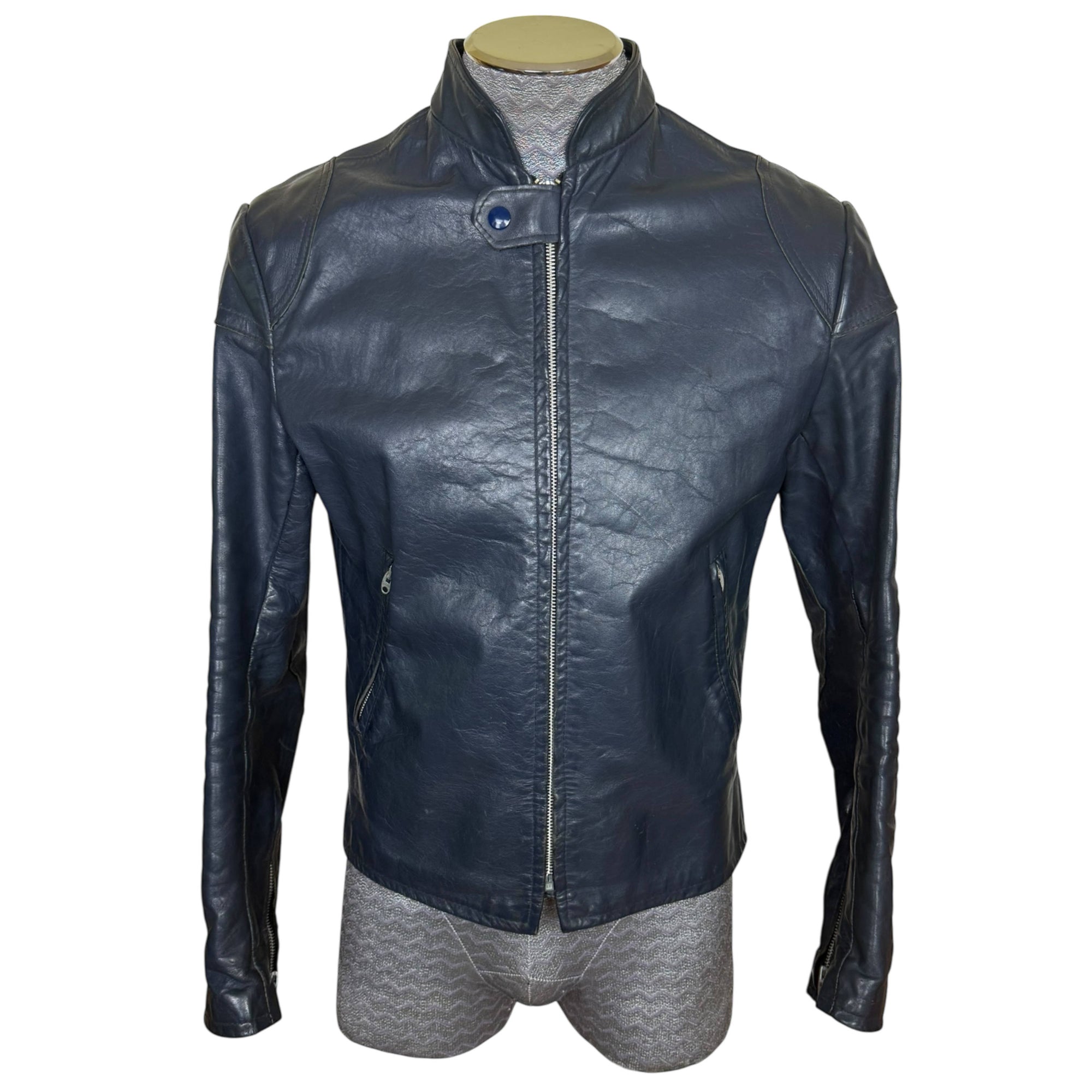 1960s Vintage Cafe Racer Jacket Blue Leather Brimaco Size S