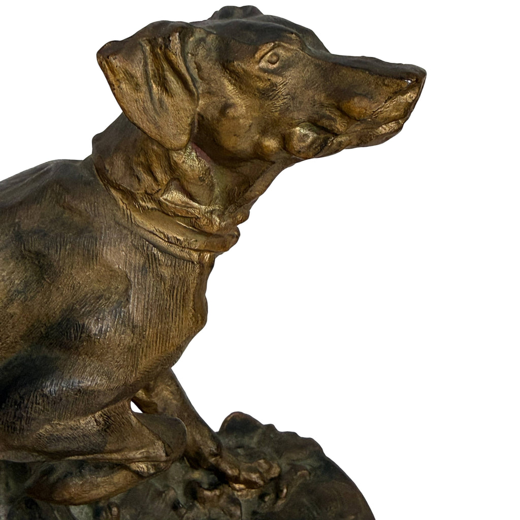 Bronzed spelter hunting dog sculpture close-up of pointer's head