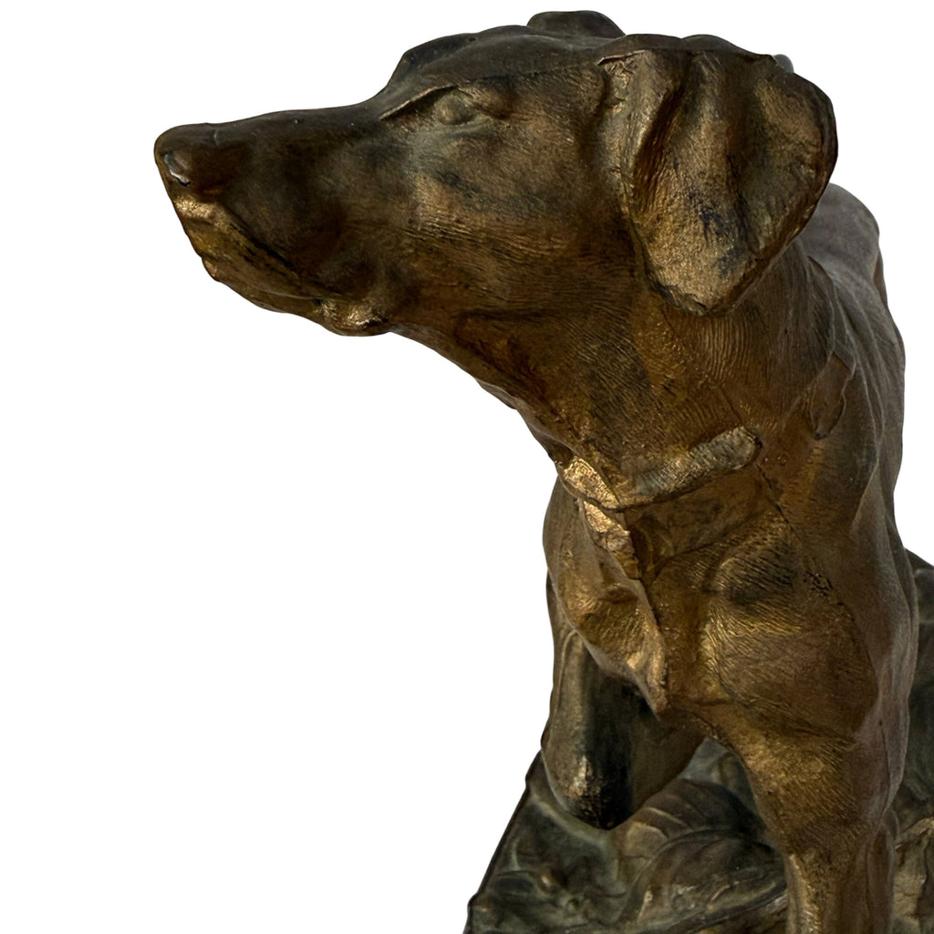 Antique pointer dog figure with collar and bronze-coloured patina