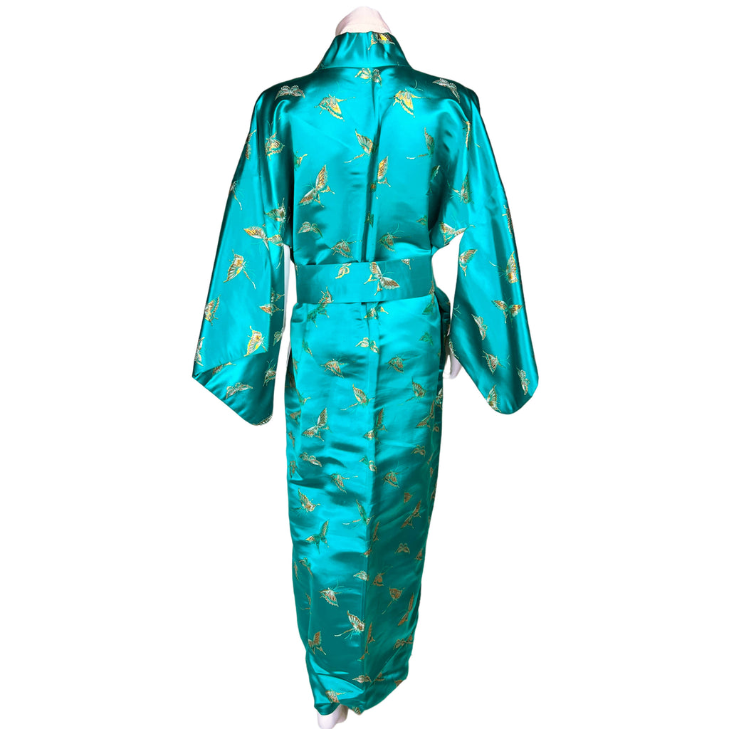 Vintage Silk Kimono Dressing Gown w Gold Butterflies Size L