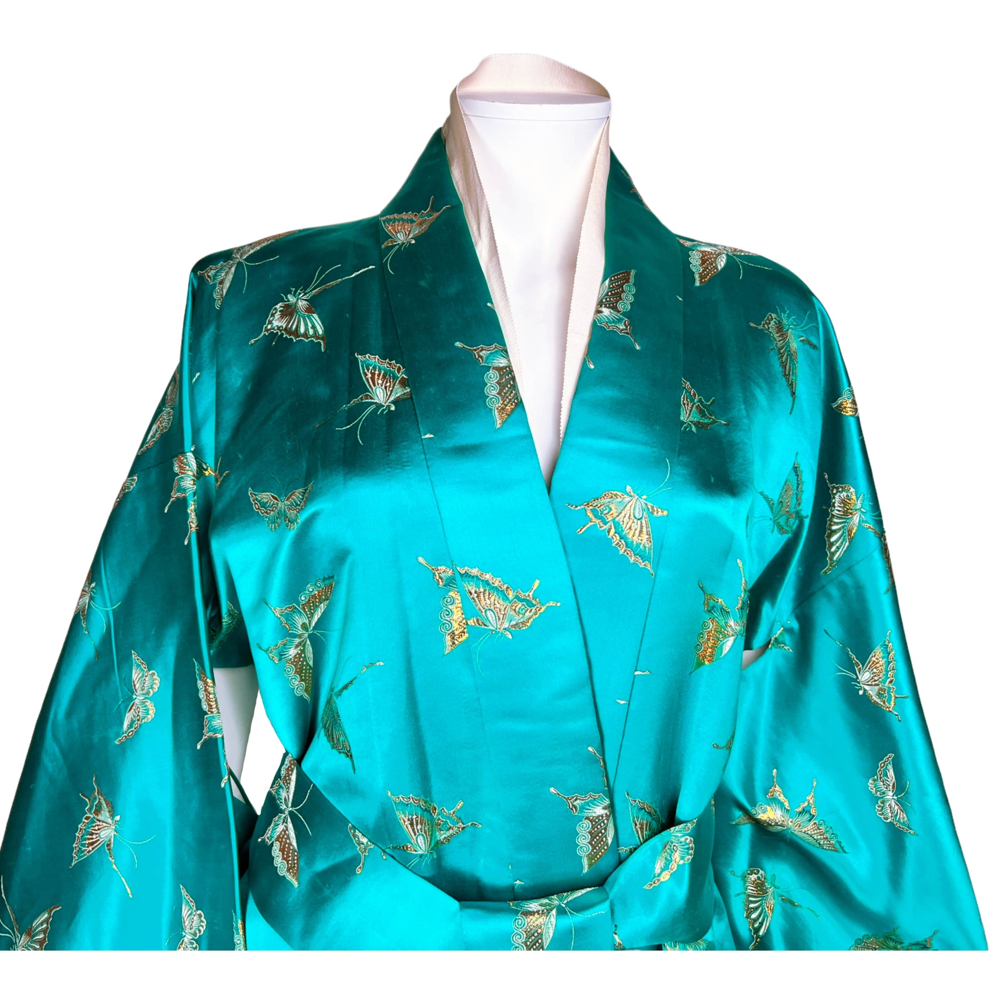 Vintage Silk Kimono Dressing Gown w Gold Butterflies Size L