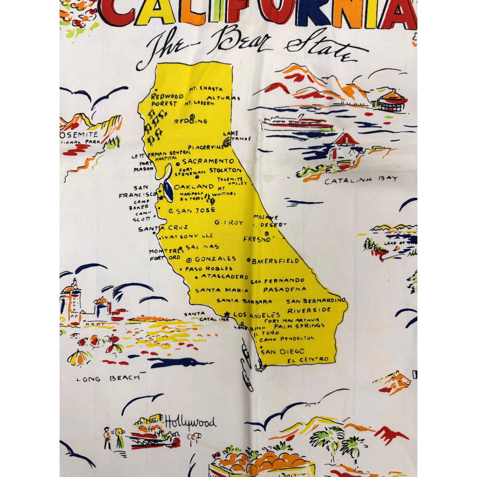 Mid-century California travel scarf with map with Hollywood and San Francisco