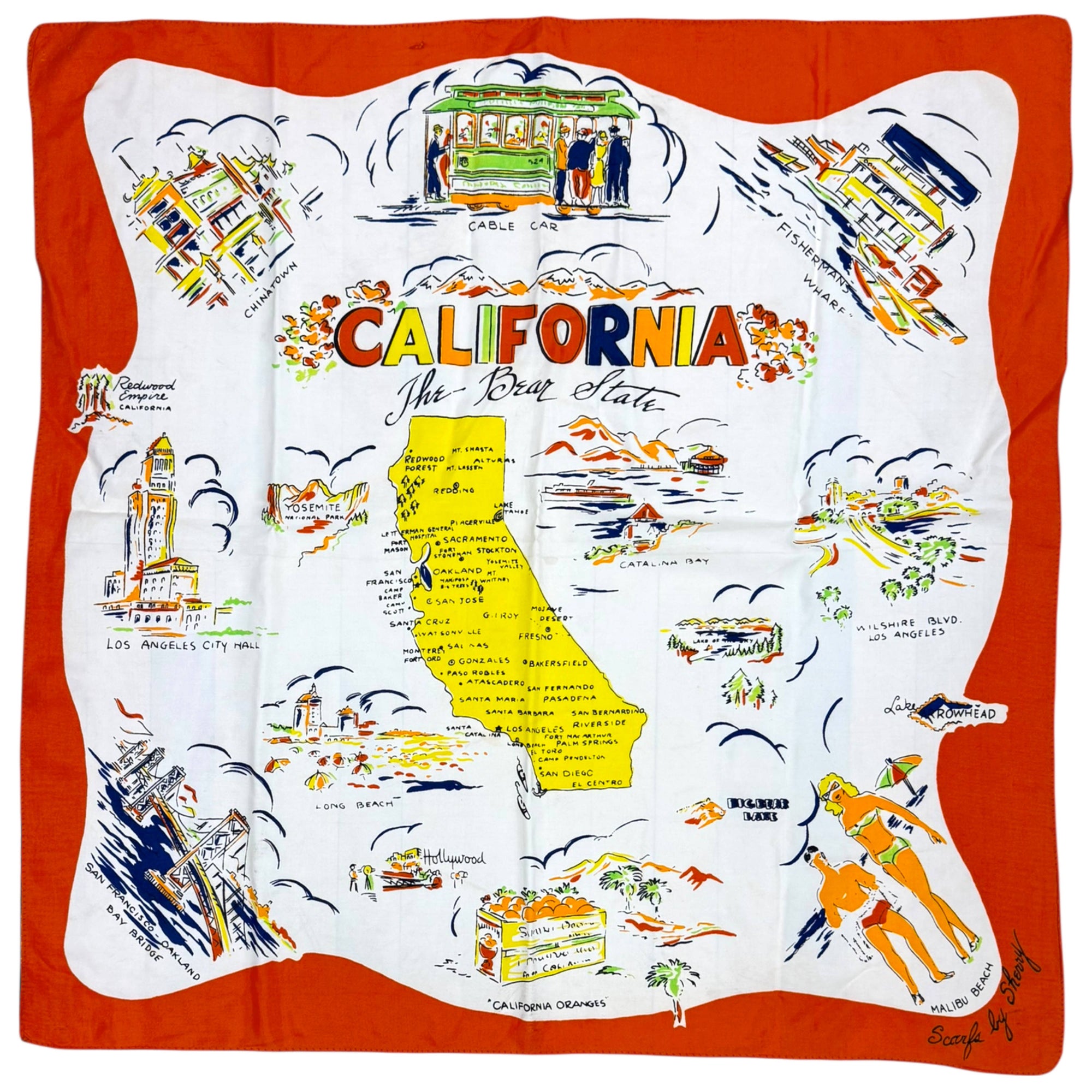 Vintage California souvenir silk scarf by Sherry