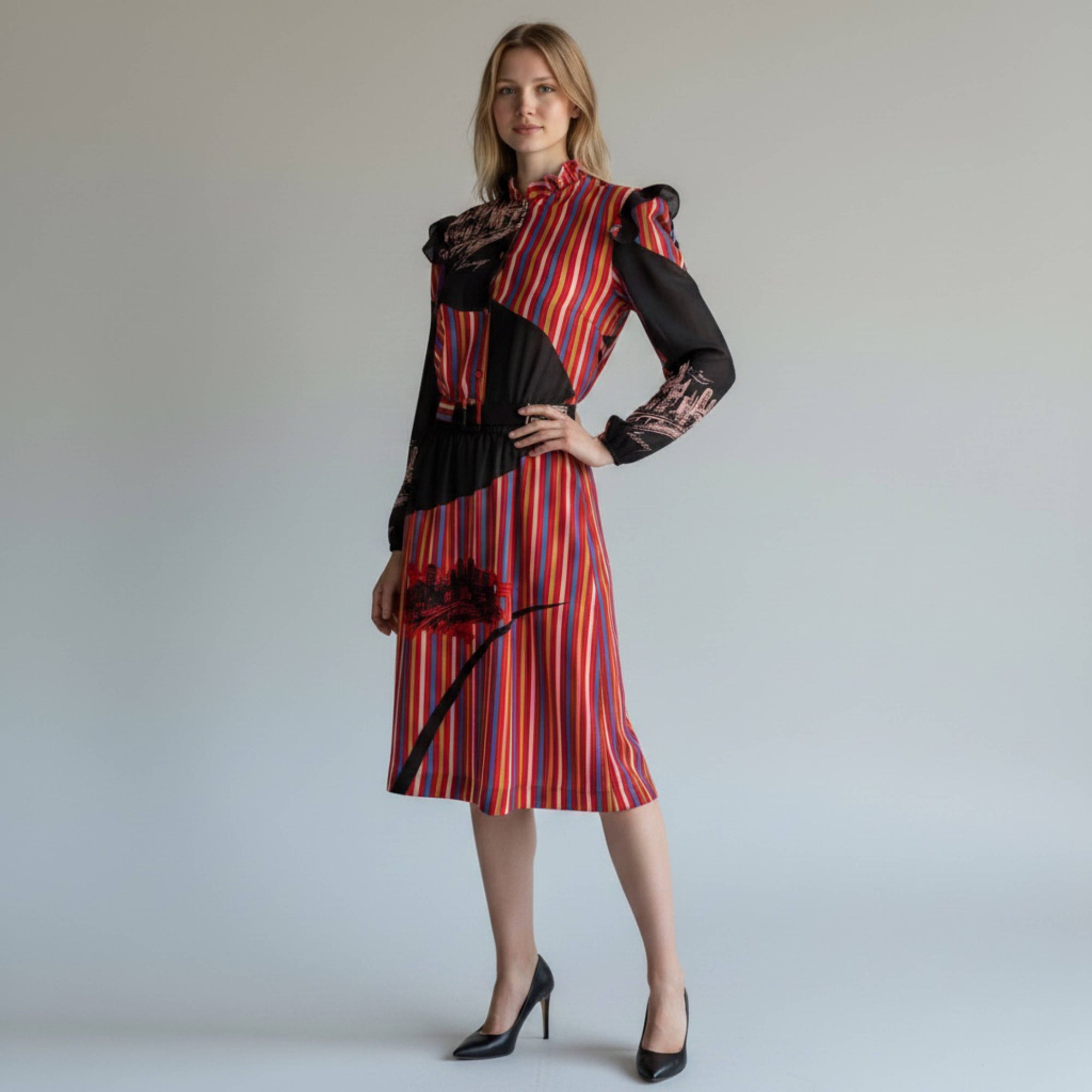Ai model wearing Vintage California Sunshine Dress with Cityscape Print 