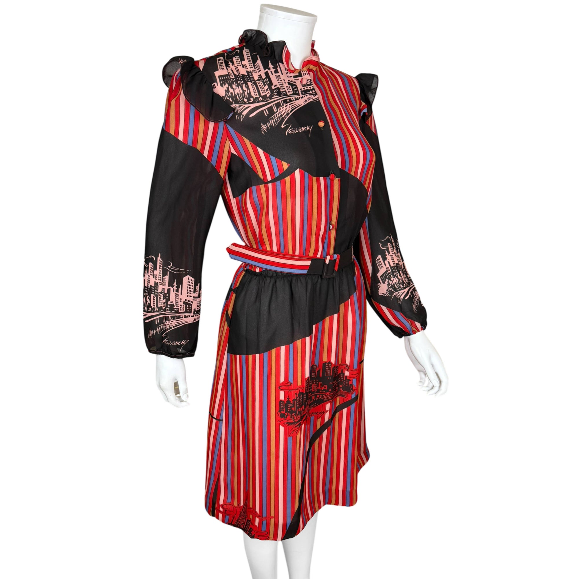 Right side view of Vintage  Dress with Cityscape Print 
