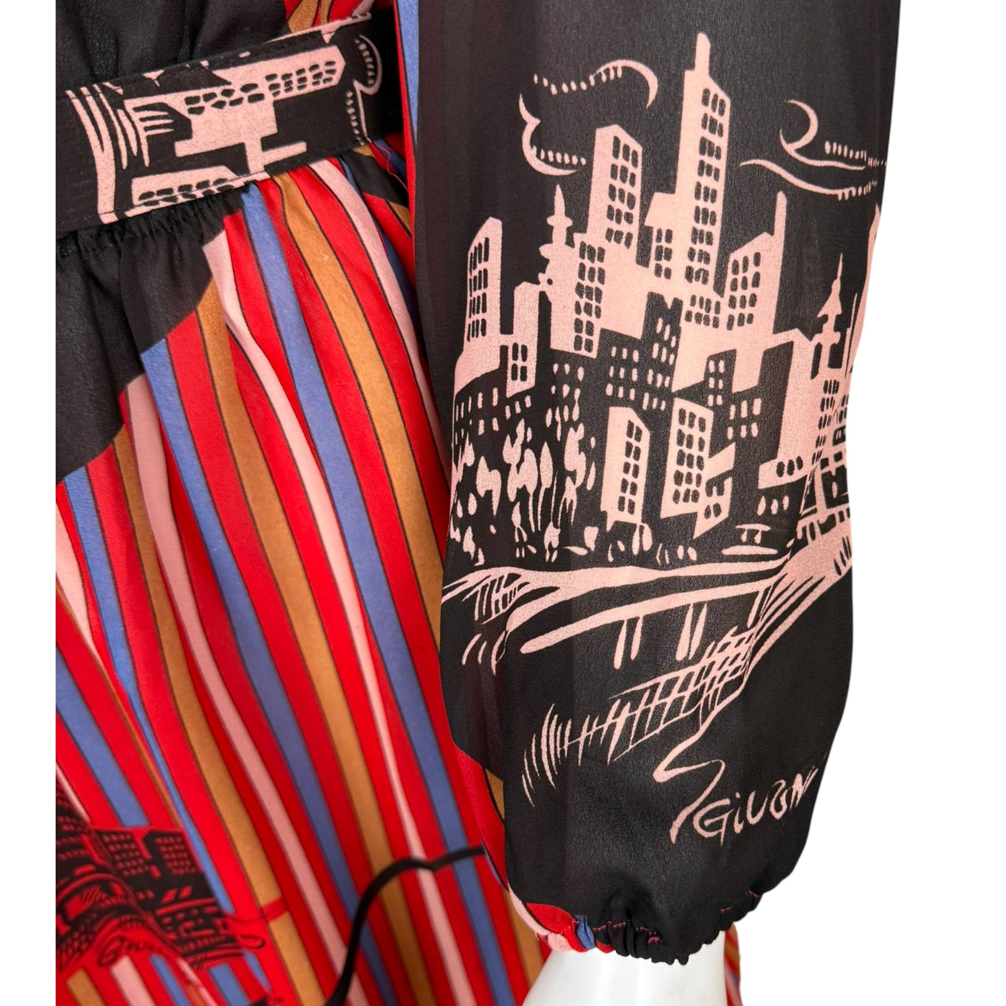 cityscape illustration on dress sleeve