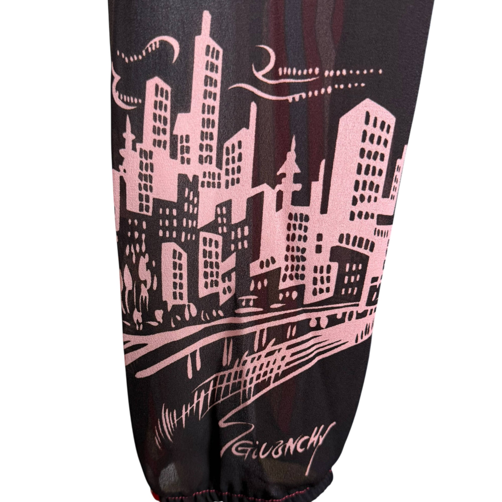 cityscape print on 70s dress sleeve