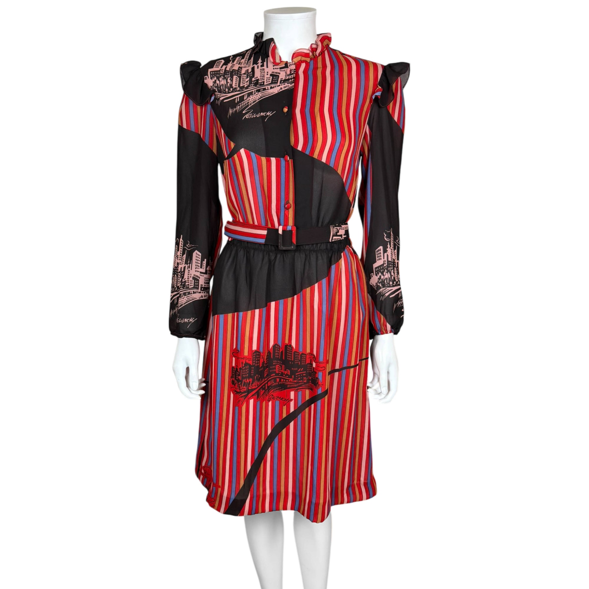 Vintage California Sunshine Dress with Cityscape Print – Sheer Chiffon 1970s Day Dress