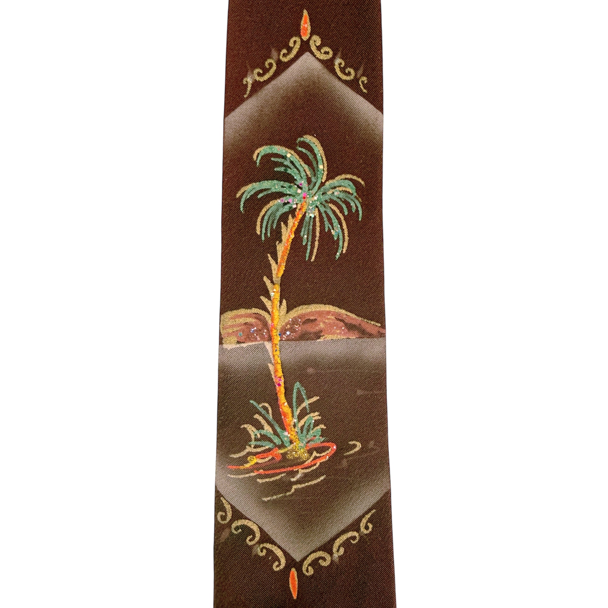close up of hand painted california novelty necktie with sparkle accents