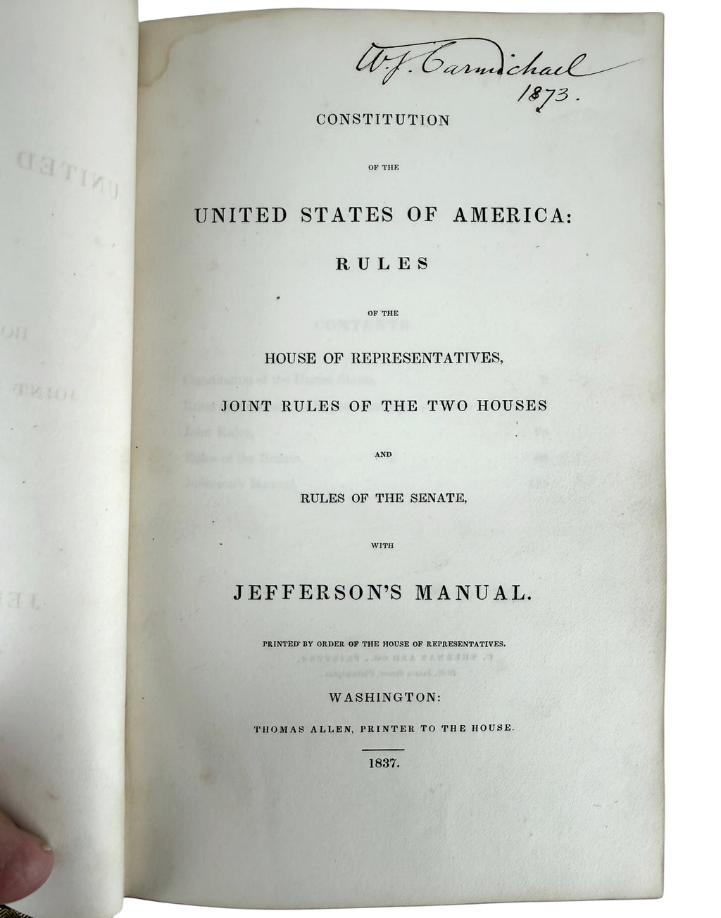 1837 title page Constitution of the United States and Jefferson's Manual