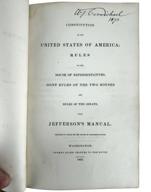 1837 title page Constitution of the United States and Jefferson's Manual