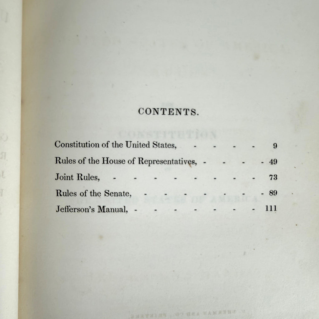 contents page 1837 Constitution and Congressional Rules book 