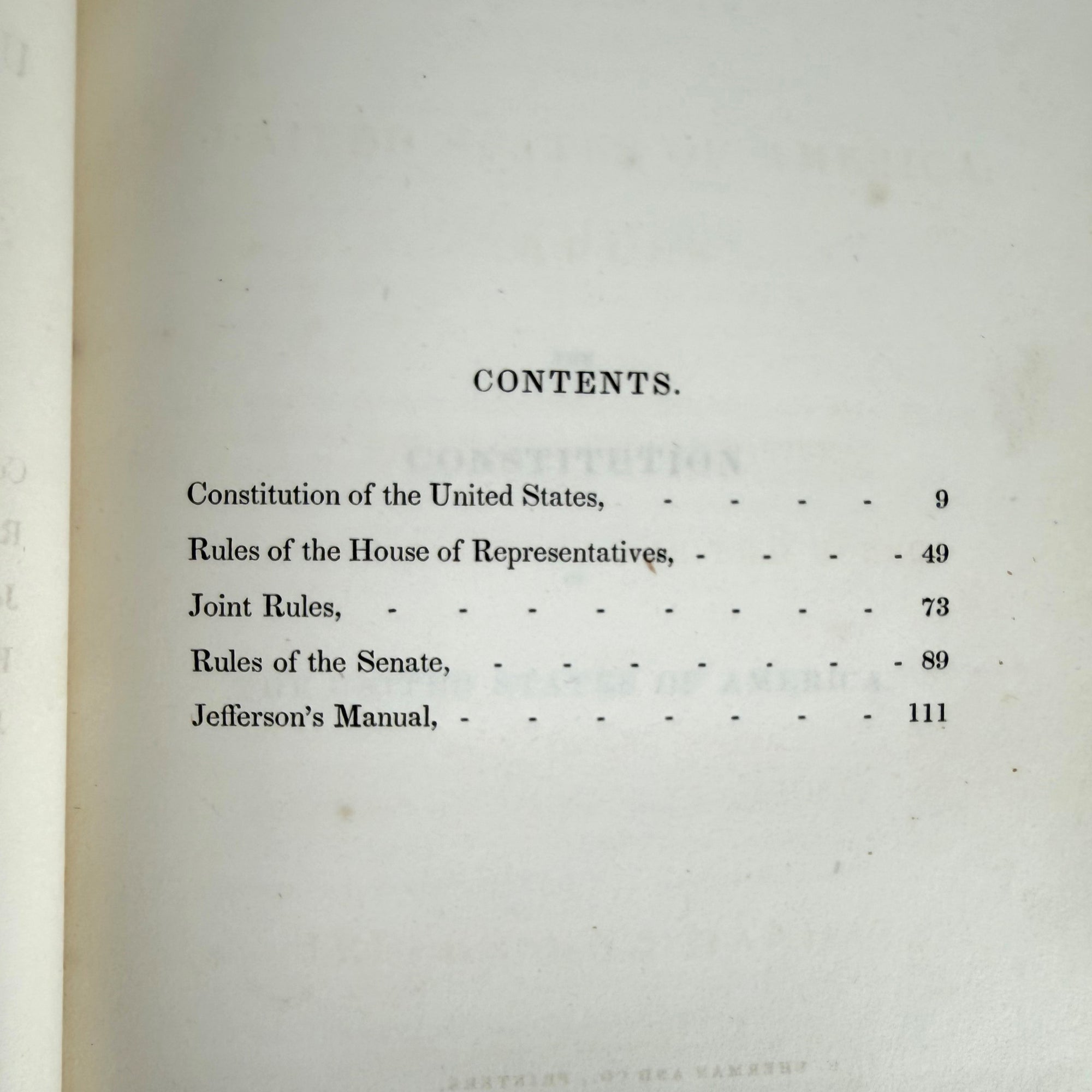 contents page 1837 Constitution and Congressional Rules book 