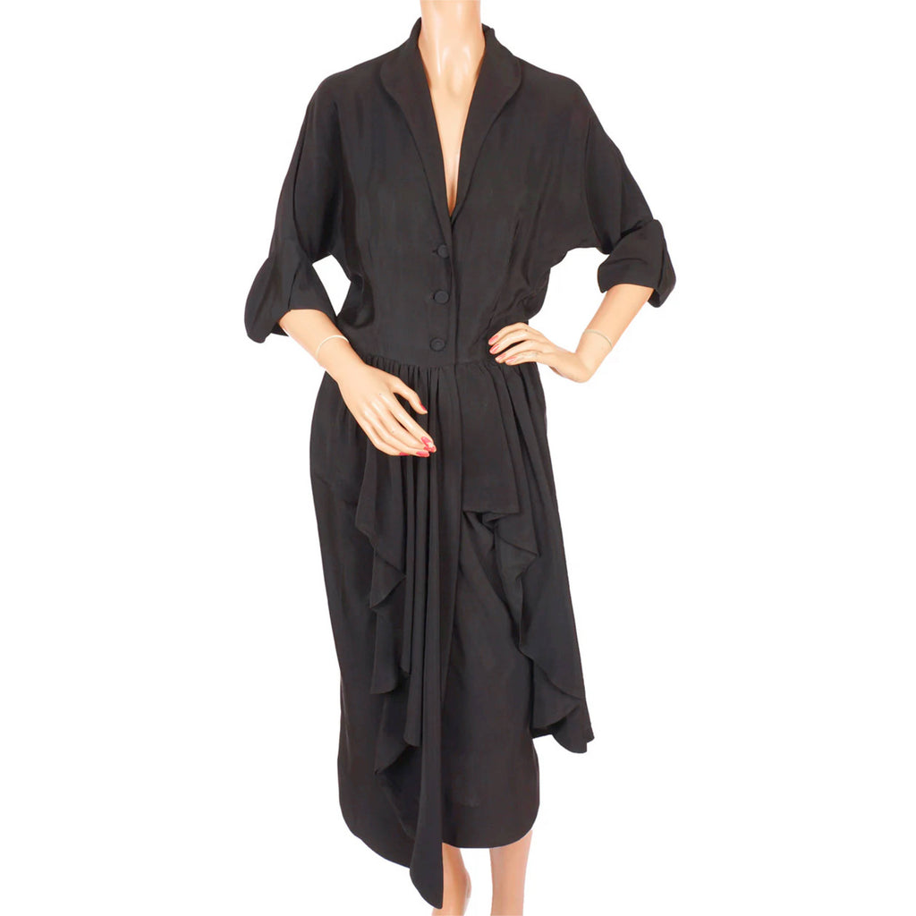Vintage 1950s Ceil Chapman Black Silk Faille Cocktail Dress Size M
