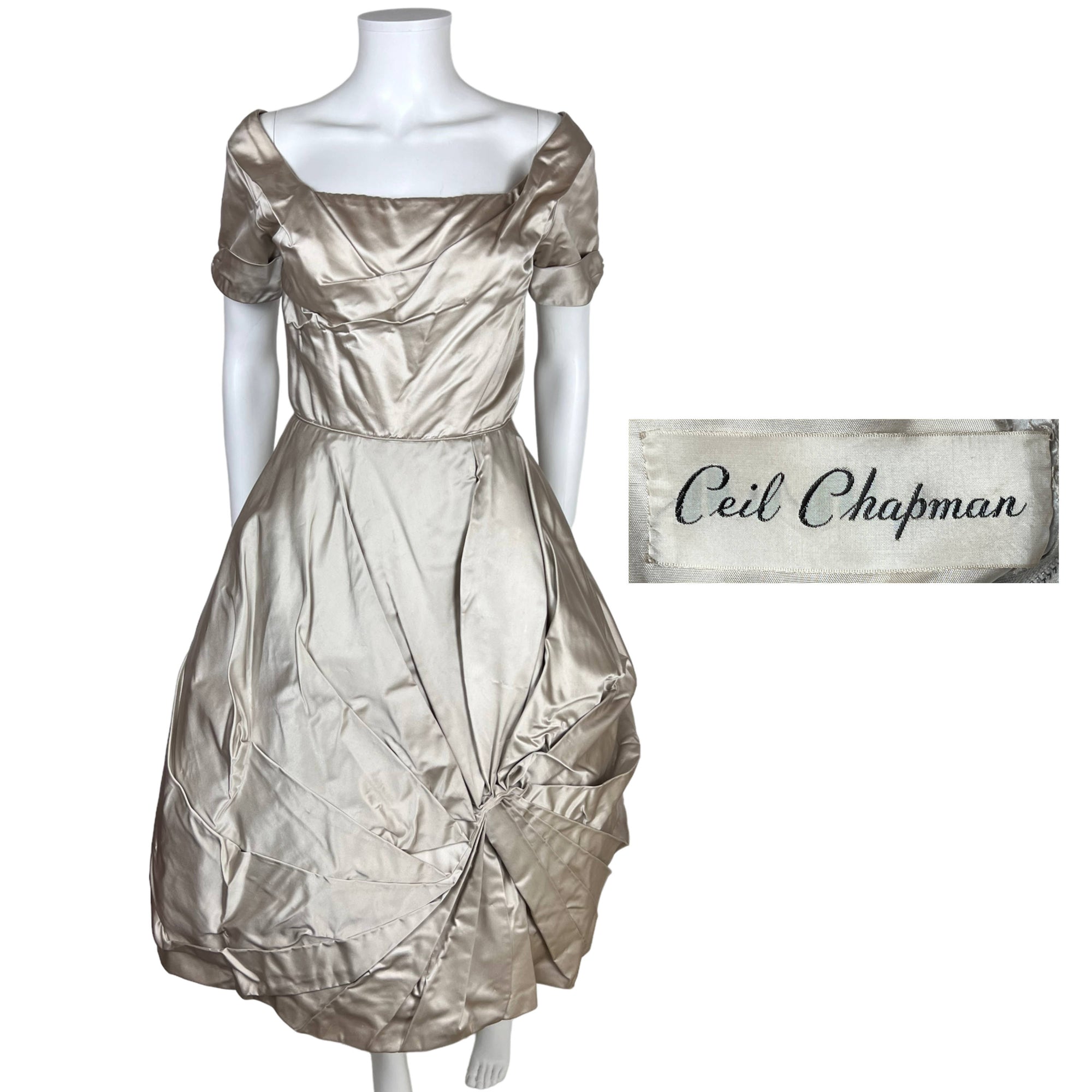 Vintage 1950s Ceil Chapman Dress Silver Taupe Silk Size M