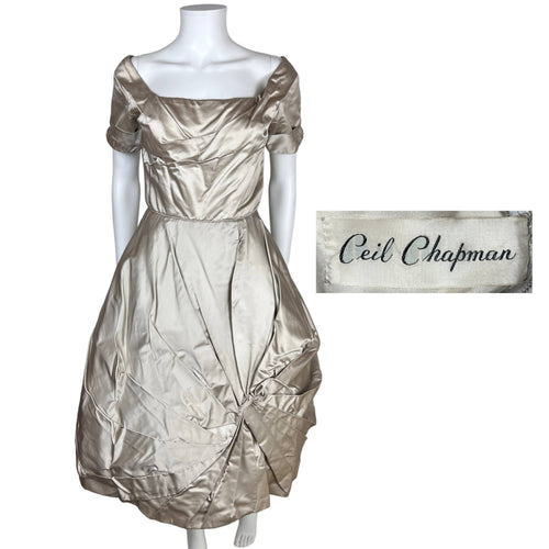 poppy mini dress v chapman Vintage 1950s Ceil Chapman Dress Silver Taupe Silk Size M